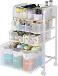 4-Tier Rolling Utility Cart with 3 Drawers - White Craft Organizers and Storage with DIY Dividers, Under Desk Art Supply Storage Organizer with 360° Lockable Wheels for Brushes Artifacts Small Parts