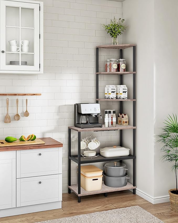 6-Tier Corner Shelf, Industrial Corner Bookshelf with Desk Top, Diamond-Shaped Storage Shelves, Display Stand for Small Spaces, Living Room, Home Office, Foyer, Greige and Black TCJ70BG