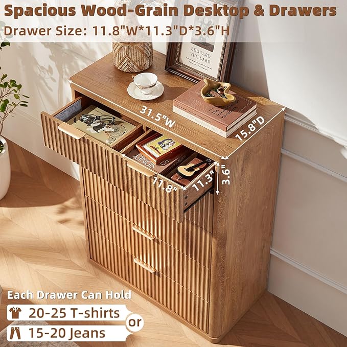 LEYAOYAO Fluted 6 Drawers Dresser for Bedroom, 42" Tall Modern Chest of Drawers with Metal Handle, Curved Profile Design,Brown Wood Drawer Organizer for Bedroom, Living Room, Hallway, Entryway