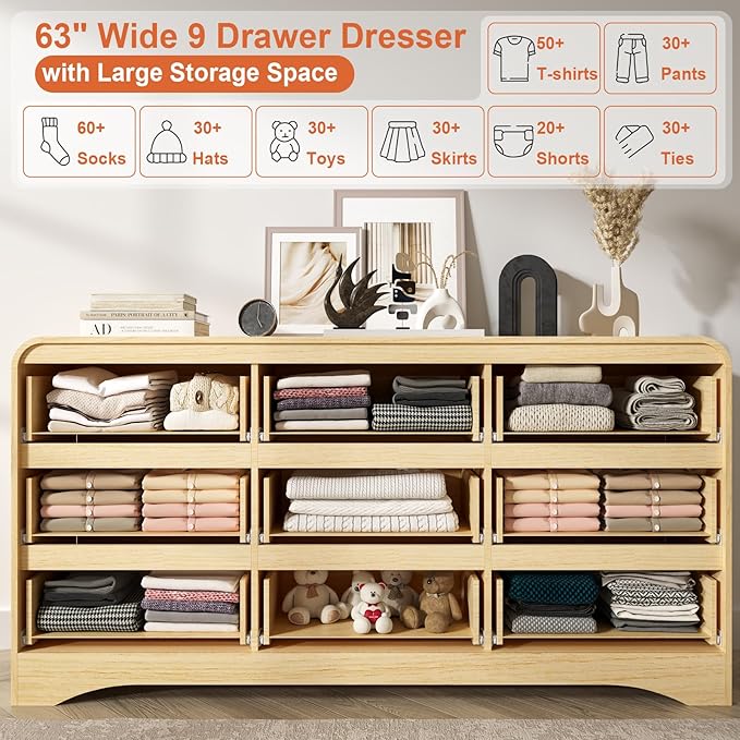 Dresser for Bedroom with 9 Drawers, 63" Large Modern Dressers & Chest of Drawers with Curved Profile Design, Wood Closet Clothes Storage Long Dressers Organizer for Bedroom Living Room Hallway, Oak