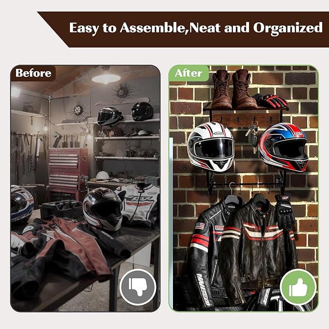 Motorcycle Helmet Holder Wall Mount, Wooden Helmet Display Stands with Metal Frame Tiered Organizer,with 2 Helmet Rack,4 Glove Chips and 8 Hooks for Motorcycle Gear Accessories Storage