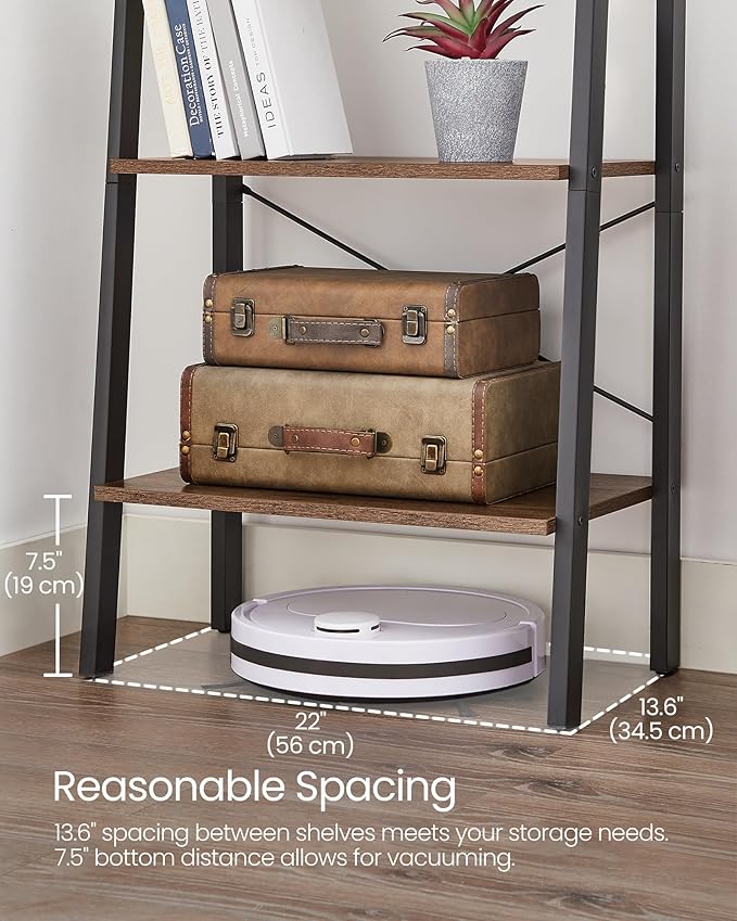 VASAGLE Ladder Shelf, 4-Tier Bookshelf, Storage Rack, Bookcase with Steel Frame, for Living Room, Home Office, Kitchen, Bedroom, Industrial Style, Hazelnut Brown and Ink Black ULLS044B03
