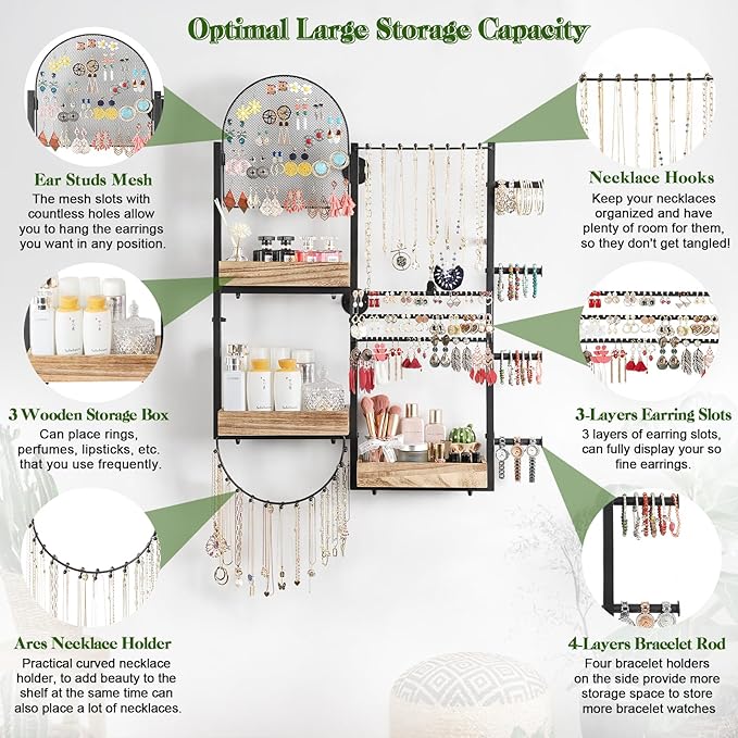 Keebofly Jewelry Organizer - Large Wall Mount Hanging Jewelry Holder Display for Earrings, Rings, Necklaces, Bracelets, Makeup, Perfume & Watches