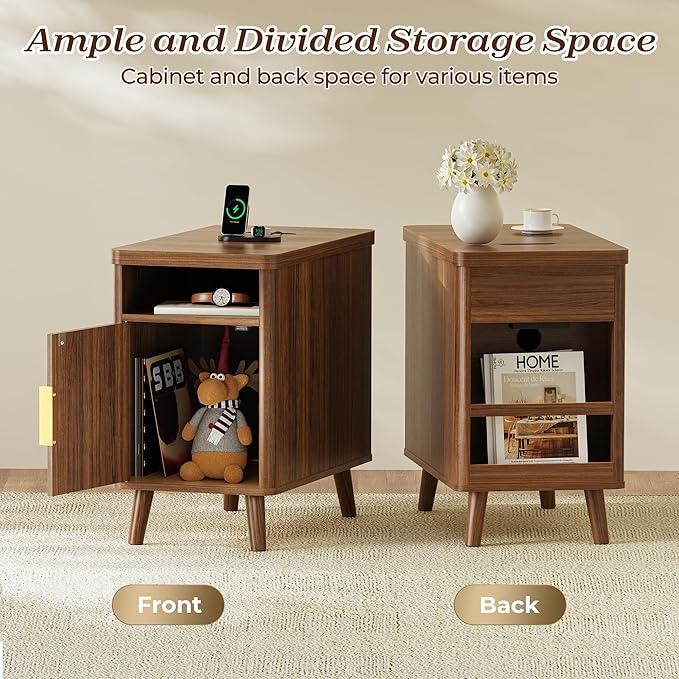 Huuger Narrow Nightstand with Charging Station, USB-C Port, Set of 2 Night Stand, Fluted End Table with Storage Cabinet, Back Rack, Side Table for Small Spaces, 13.4×23.6 Inch, Walnut