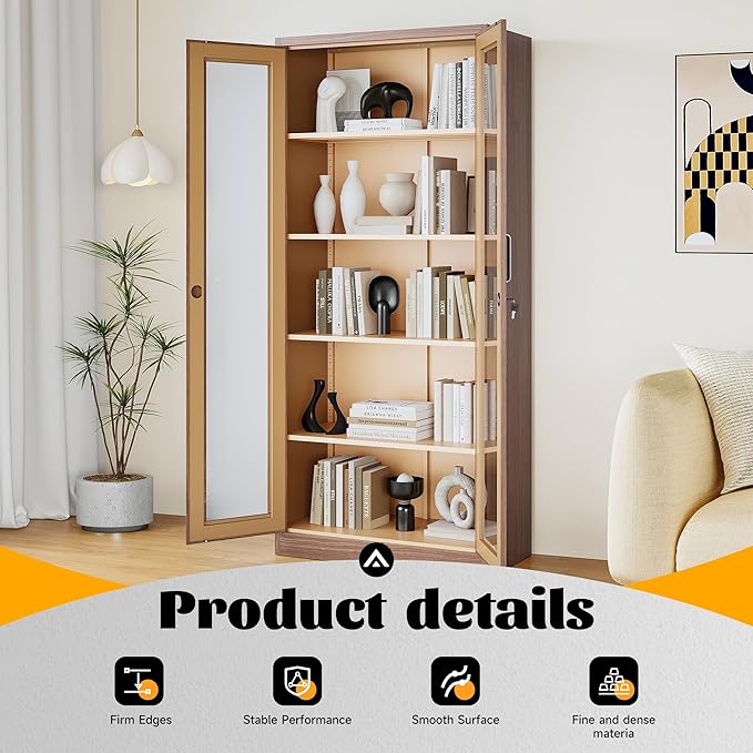 Metal Storage Cabinet with Lock and Glass Doors,Glass Display Cabinet,Tall Storage Cabinets,Locking Curio Cabinets with 5 Shelves for Collectibles,Home,Office,Living Room
