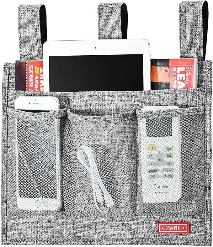 Linen Bedside Caddy, Bedside Storage Organizer for Hospital Beds, College Dorm Rooms or Baby Bed (Classic 4 Pockets Grey)