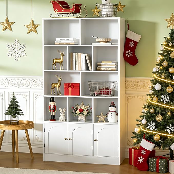 71" Tall Bookshelf with 10 Cubes and 3 Doors, 4-Tier Bookshelf, Open Shelf Bookcase with Cabinet, Modern Cube Storage Organizer for Living Room, and Office, White