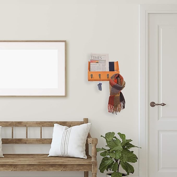 Flintar Wall Mounted Key and Mail Holder with 4 Hooks. Made of Solid Wood. Use as Key Rack, Entryway or Mudroom Organizer, Mail Sorter, Magazine Holder, Bill Sorter, Rustic Home Décor (Oak)