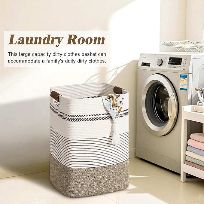 Laundry Hamper, 85L Tall Laundry Basket with Leather Handles, Rectangle Large Clothes Hamper for Organizing, Cotton Woven Laundry Baskets Storage Hampers for Bedroom, Nursery, Living Room