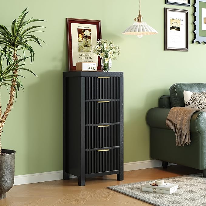Tall Mid-Century Dresser with 4 Large Drawers, Black Wood Storage Cabinet with Metal Handles for Entryway, Bedroom, or Office