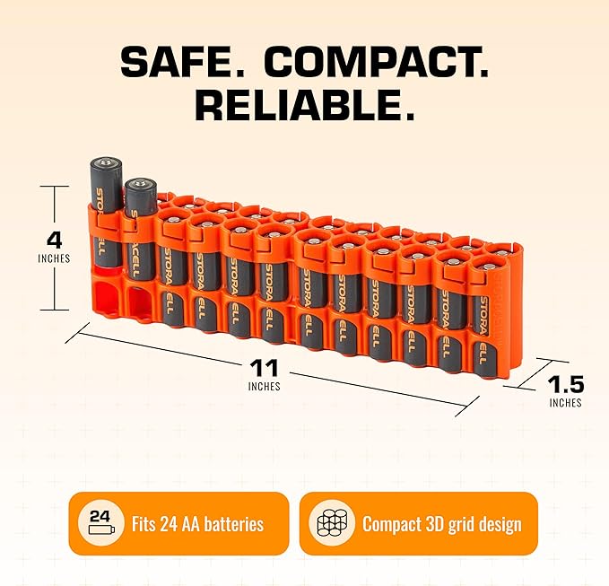 AA Battery Storage Caddy by Storacell, Orange - Holds 24 Batteries (Not Included)