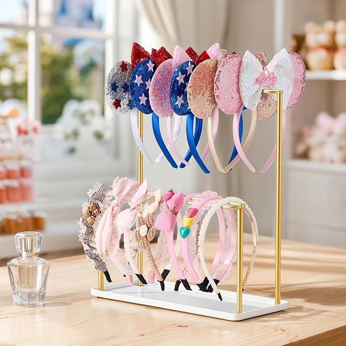 pickpiff Headband Holder Organizer Metal 2-Tier with Tray: Hair Accessories Display Stand Storage, Purse Charms Key Rings Rack Necklace Stand Home Bedroom for Girls Women, Gold