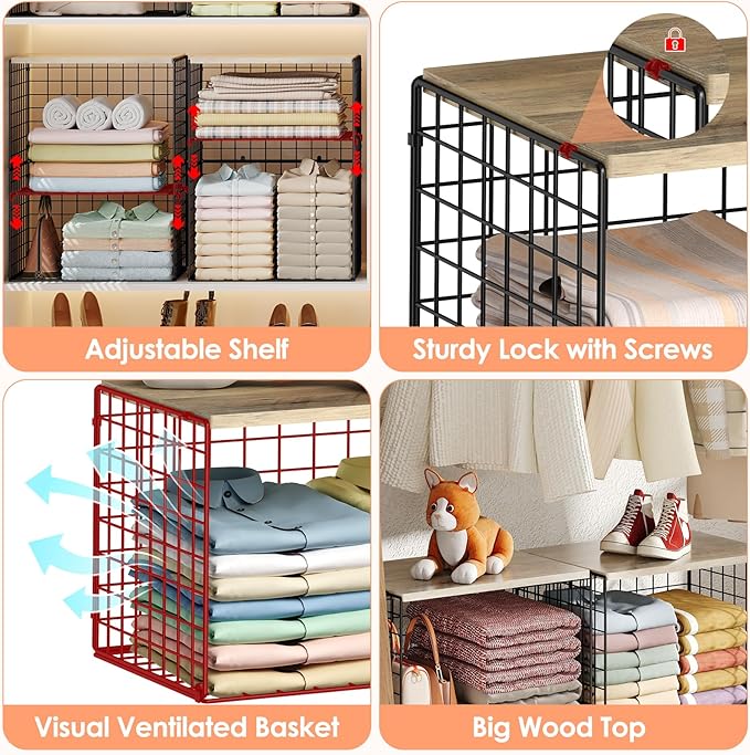 5-Tier Large Stackable Closet Organizer and Storage Basket, Sturdy Closet Shelf Organizer with Wood Top, Stackable Storage Bins Cubes for Clothes with Adjustable Shelf for Wardrobe Organization