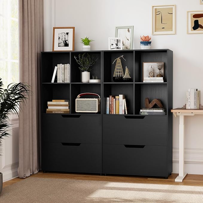 GOFLAME 4-Tier Bookcase with 2 Drawers, 51” Tall Bookshelf with 4-Cube Open Shelf, Wood, Modern, Freestanding Display Storage Organizer Shelf for Living Room, Home Office (1,Black)