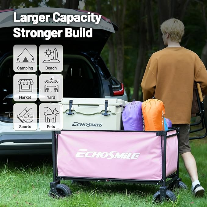 EchoSmile Collapsible Wagon Cart for Camping & Beach - Heavy Duty 400lbs Capacity All-Terrain Cart with Wide Wheels, Portable Folding Utility Wagon for Grocery, Garden, Sports,Pink&Gray