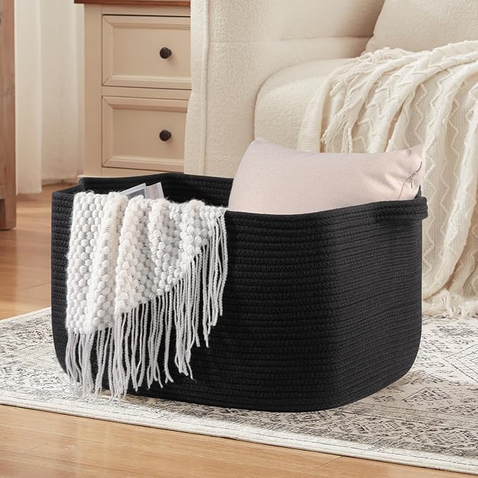 70L Large Blanket Basket, 21.6" x 16.9" x 11.8" Woven Storage Basket for Living Room, Nursery Blanket Storage for Toys, Towels, Dirty Clothes (Black)
