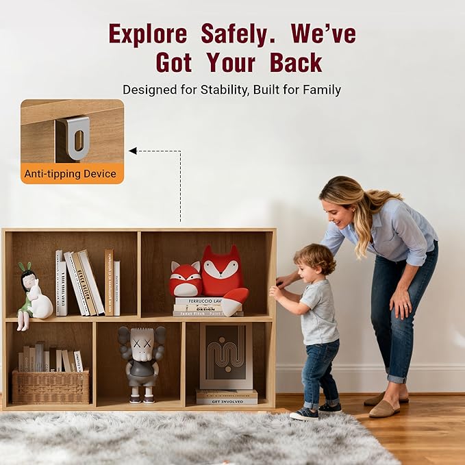Book Shelf, Wooden Cube Storage Organizer with 11" Open Cubes, Stackable Modular Bookcase for Room Divider Storage, 2 Tier Bookshelf for Living Room, Bedroom, Office (Oak, 5-Cube)