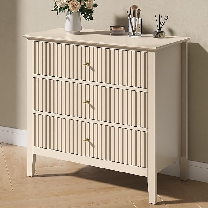 RoyalCraft Beige Fluted 3 Drawer Dresser, 32 inch Wide Dresser Nightstand for Bedroom, Modern Wood Chest of Drawers, Large Painted Nightstand with 3 Drawers for Closet, Hallway, Entryway