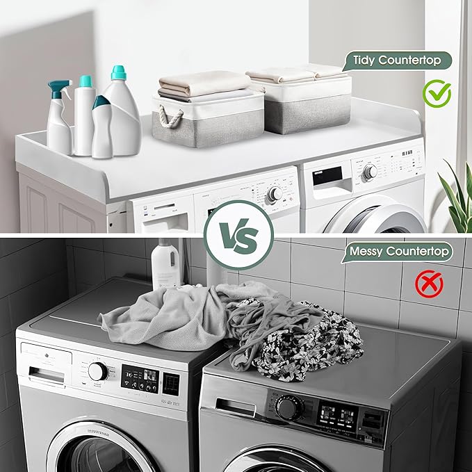 Washer Dryer Countertop with 2 Pack Storage Baskets, Wood Washer and Dryer Countertop with Non-Slip Pads/Edge Rails for Laundry Room Storage and Organization, 27.5" W x 54" L(White)