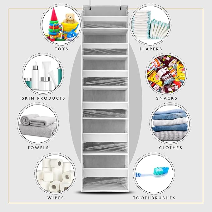 HOMELUX THEORY Over The Door Organizer Hanging - 50lbs Load 6 Large Front & 12 Side Pockets, 1 Pack Over The Door Shoe Organizer, Hanging Closet Organizer For Toys, Diaper, Purse, Sewing (Light Gray)