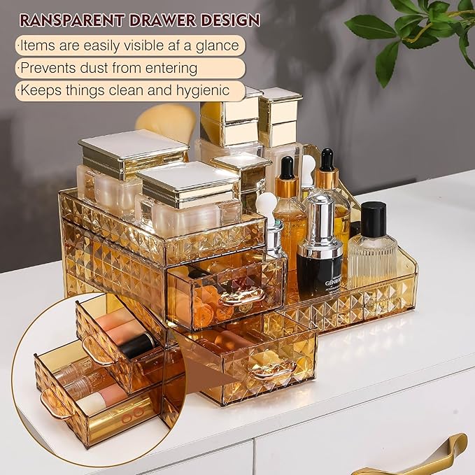 Clear Makeup Organizer for Vanity,Desk Makeup Caddy With Drawers for Cosmetics,Lipsticks Nail Care Skincare Jewelry Countertop Organizers,Cosmetic Display Cases for Bathroom, Dresser (Amber)