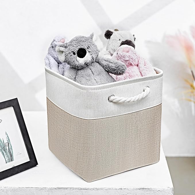 Fabric Storage Cubes, 11 inch cube storage bin with Handles, 11x11cube storage organizer bins, Collapsible Storage Bins for Shelves and Home, Cubby Storage Bins (white-khaki, 10.5x10.5x11in)