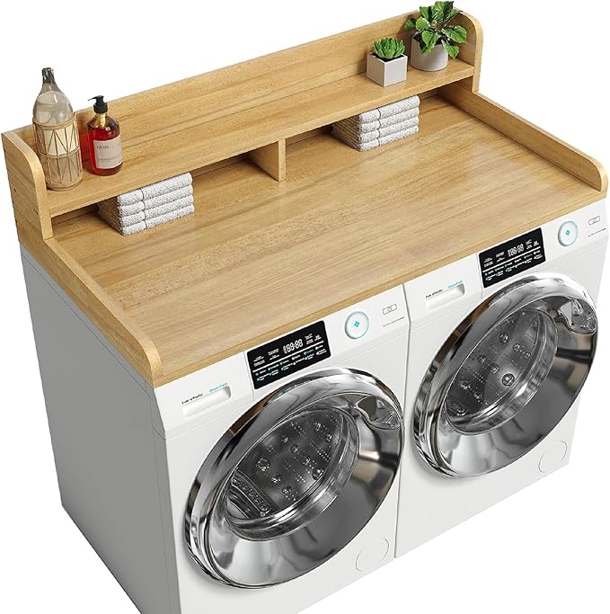 Washer Dryer Countertop with 2-Tier Shelf, 54" W x 27.55" D Laundry Countertop with 2.75" H Guard Edge Rails, Wood Topper with Non-Slip Pad (Pure Wood Color)