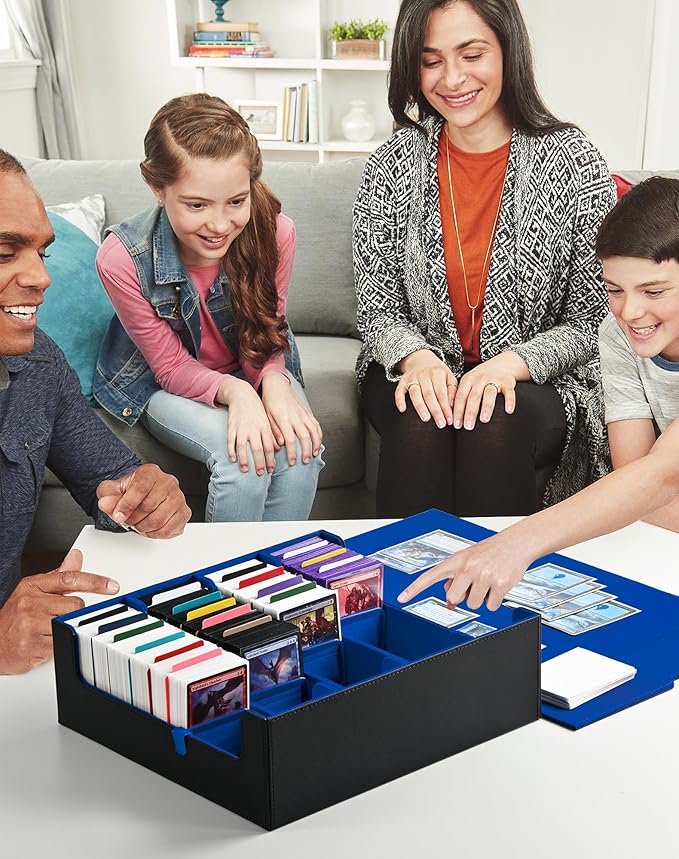 ZLCA Card Storage Box for MTG PTCG, Commander Deck Box Holds 3200+ Cards, Trading Card Storage Case with 4 Stoppers, Card Organizer for TCG Sport Cards(Black&Blue)