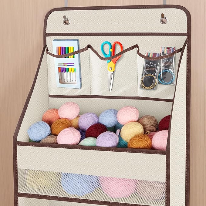 Univivi 5-Shelf Fabric Door Storage Over Door Hanging Organizer with 4 Large Pockets and 3 Small PVC Pockets Nursery Closet Cabinet Wall Mount Hanging Storage Organizers for Baby Nursery (Beige)