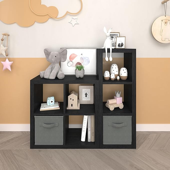 4 Cube Organizer, Cube Storage Organizer with Fabric Bin, Cube Storage Shelf for Bedroom, Living Room, Office, Modular Bookshelf Organizer for Books, Closet, Black