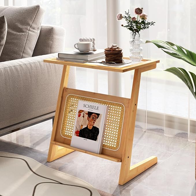 GOFLAME Rattan Side Table, Z-Shaped End Table with Magazine Rack, Bamboo Sofa Side Accent Table with Glass Top, Small Boho Nightstand, Bedside Table for Small Space, Living Room, Bedroom