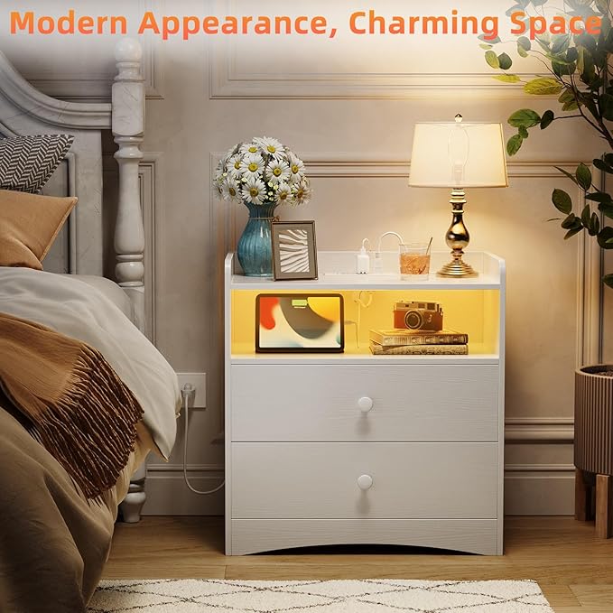Nightstand with Charging Station and LED Light,Modern Nightstand with USB Ports and Outlets,Wood Bedside Tables with 2 Storage Drawers,Small Dresser for Bedroom Small Space,White