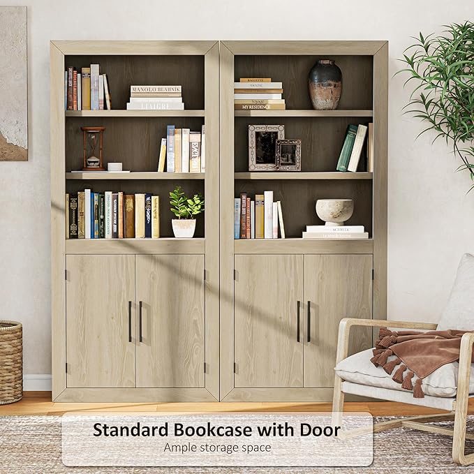 Standard Bookcase with Doors, Bookshelves Floor Standing 5 Tier Adjustable Shelves Organizer and Storage, Solid Bookshelf for Home Office, Living Room, Bed Room