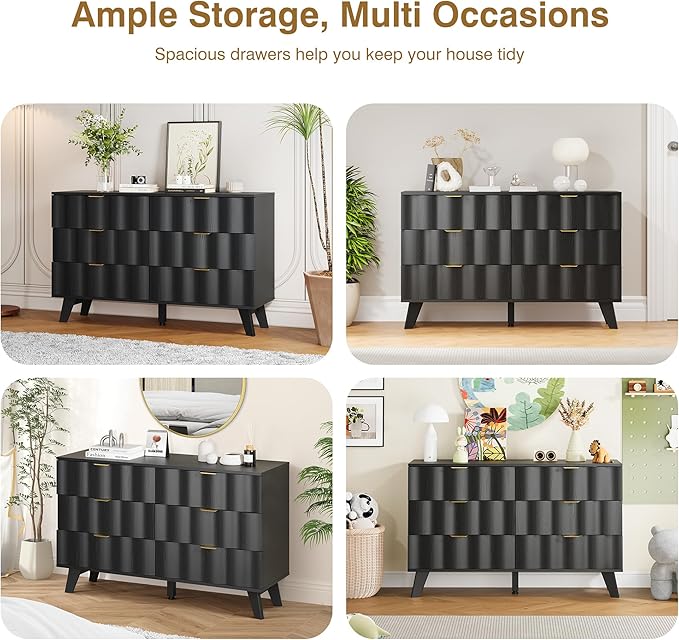 6 Drawer Dresser, Modern Fluted Storage Dresser with Deep Drawers and Metal Handles, Wood Chest of Drawers Storage Organizer for Bedroom, Living Room, Hallway (Black)