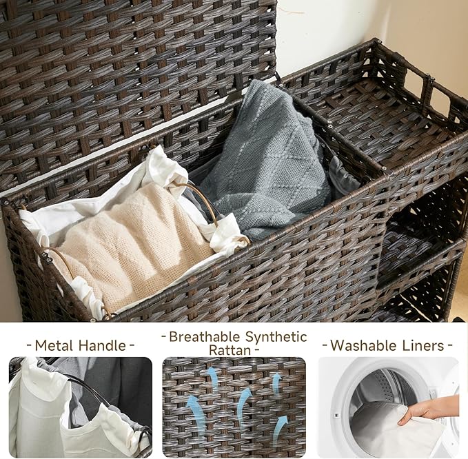 Laundry Hamper with Wheels, 42.3 Gal.(160 L) Laundry Sorter with Shelves, Rattan Clothes Hamper with 4 Removable Liners & 3 Mesh Bags, Handwoven Organizer for bedroom, bathroom, laundry room, Brown