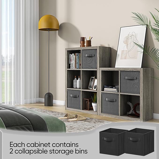 furtble Bookshelf with Storage Bins, 12-Cube Storage Organizer, Modern Wood Open Bookcase, Multifunctional Display Shelf for Living Room, Bedroom, Home Office, Gray Oak