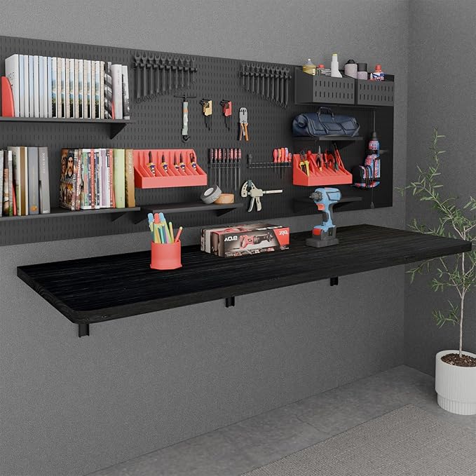 IAE Floating Wall Mounted Folding Table Desk with Pine Wood,60" x 22" Foldable Workbench,Fold Down Wall Mounted Foldable Desk with Shelf Brackets,Laundry Folding Table for Home,Dining,Kitchen,Black