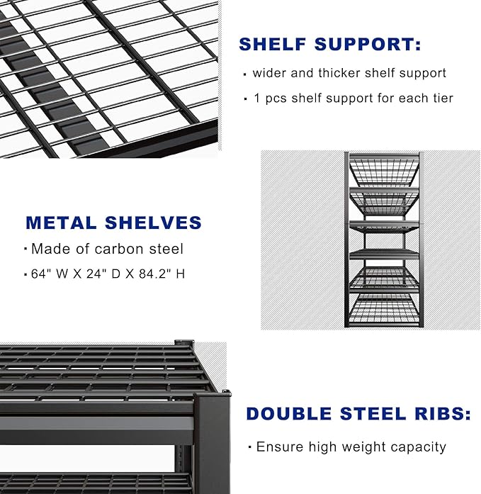 64" Wide 6-Tier Garage Shelving Unit, 64" W x 24" D x 84" H, Heavy Duty Garage Storage Shelves,3900 LBS Capacity, Industrial Adjustable Shelves for Basement Warehouse