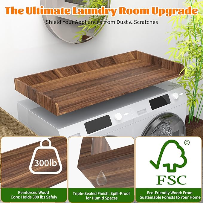 Washer Dryer Countertop, Laundry Room Wood Countertop with Edge, 54" x 27.5" Top Cover for Laundry Machine, Washer and Dryer Wood Shelf Topper for Laundry Room Counter Storage Organization, Walnut