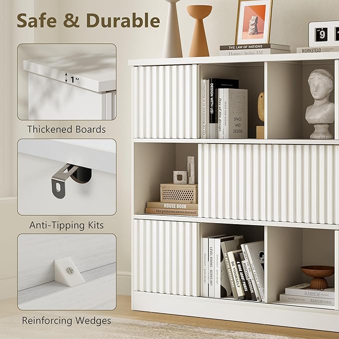 iPormis 12 Cube Bookcase with 6 Fluted Sliding Doors, 3 Tier Wooden Bookshelf, 47.2” Freestanding Cube Storage Organizer for Living Room, Office, Bedroom, Semi-Open Bookshelves, White