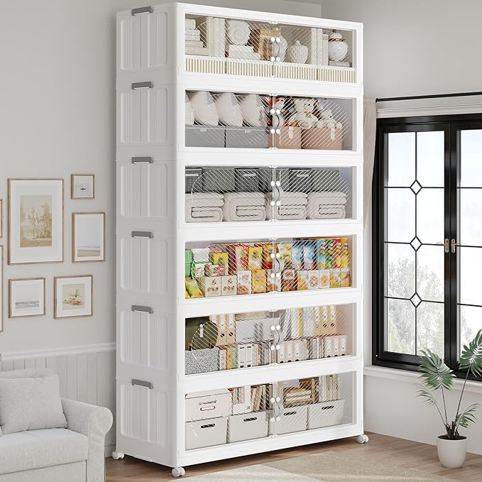 960QT Extra Large Stackable Storage Bins with Lid & Wheels & Doors, 240Gal Foldable Collapsible Closet Organizers, Plastic Cabinet Box Container Drawer for Home Kitchen Bedroom, 6Pack White