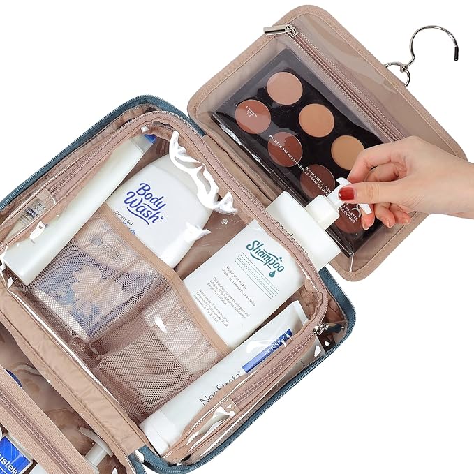 NISHEL Travel Toiletry Bag for Women, Makeup Essentials Organizer, Hanging Case for Accessories, Cosmetics, Large Size, Lake-Blue