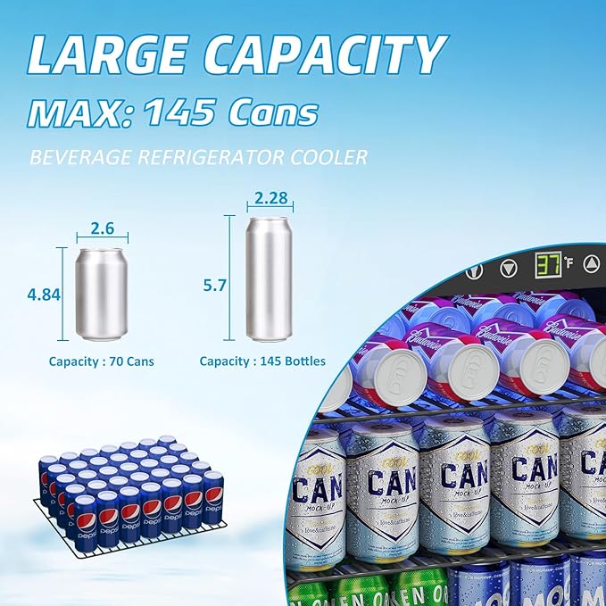 4.5 Cubic Feet Mini Fridge, 145 Can Freestanding Beverage Refrigerator with Glass Front Door for Soda, Beer Under Counter Drink Refrigerator with Adjustable Shelves and Digital Display