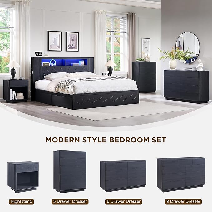 ACCOHOHO Modern 9 Drawer Dresser for Bedroom, 52" Wide Wooden Dressers with Large Storage,Handleless Chest of Drawers TV Stand for Living Room & Hallway, Curved Profile Design, Black