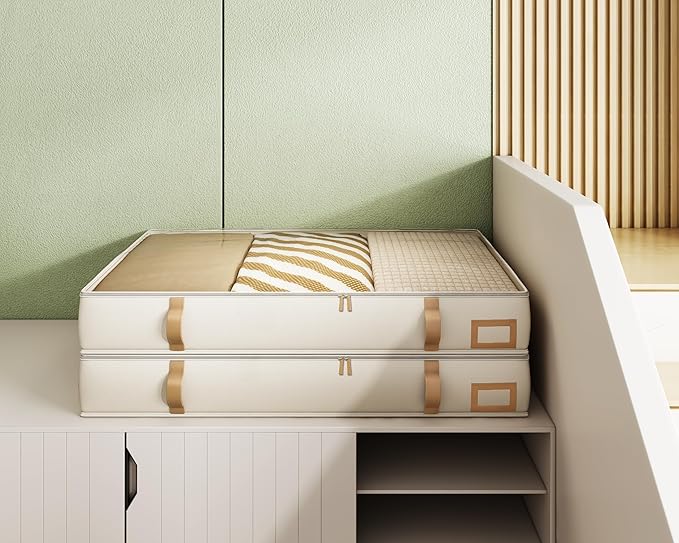 Vailando Storage Containers, 6 Inches Tall 60L Underbed Storage Bins with Leather Handles and Sidewalls, Closet Organizer for Clothes, Blankets, Seasonal Items, Beige with Brown, 2-Pack
