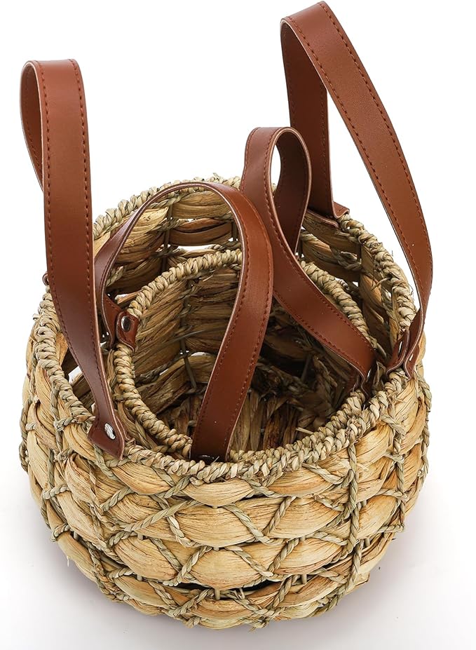 Goaste 2 Sizes Egg Collecting Baskets with Handle, Round Chicken Egg Storage Baskets, Handwoven Wicker Eggs Container for Gathering Fresh Eggs, Vintage Countertop Picnic Basket for Harvest, Kitchen