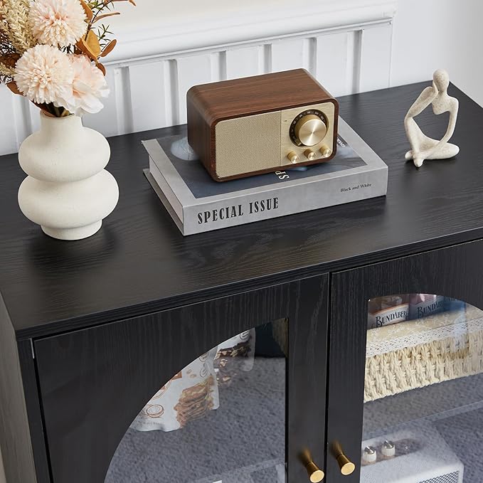 Mid-Century Modern Storage Cabinet with Door, 27" Short Floor Wood Sideboard Buffet Cabinet with Display Arched Acrylic Door & Adjustable Shelve for Bathroom, Living Room, Coofee Bar (Black)