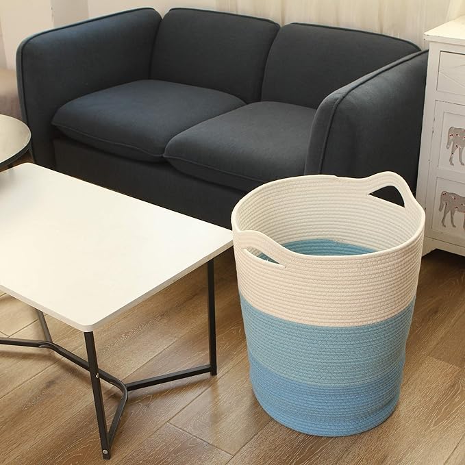 Sea Team Large Size Cotton Rope Woven Storage Basket with Handles, Laundry Hamper, Fabric Bucket, Drum, Clothes Toys Organizer for Kid's Room, 20 x 14 inches, Round Open Design, White & Blue