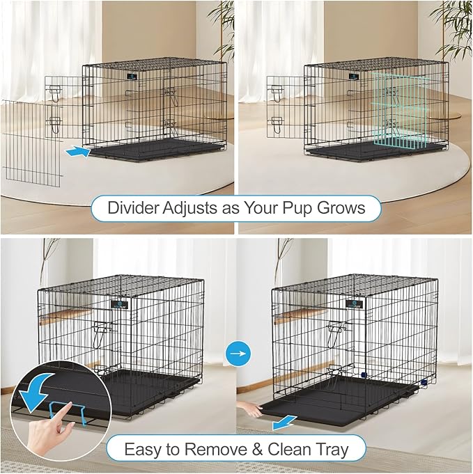 PetsTuff Great CRATES 36” Large Dog Crate - Heavy-Duty Dog Kennel with Divider Panel for Pets 40-60lbs - Durable Leaf-Proof Tray - Foldable, Carry Handle & Wheels for Easy Moving - Two-Door Dog Cage