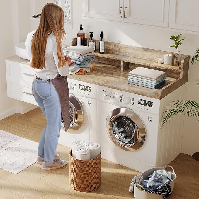 2-Tier Washer Dryer Countertop with 2.75" H Edge Rails, 58" W x 28" D Laundry Countertop for Folding Clothes, Washer and Dryer Topper with Non-Slip Pad (White Oak)